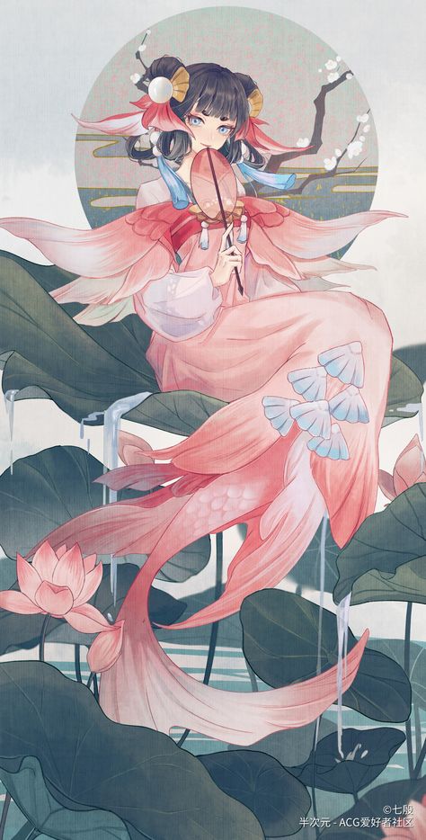 Ocean Themed Character Design, Anime Mermaid Art, Mermaid Character Art, Mermaid Oc Art, Mermaid Character Design, Anime Mermaids, Japanese Mermaid, Mermaid Character, Mermaid Anime