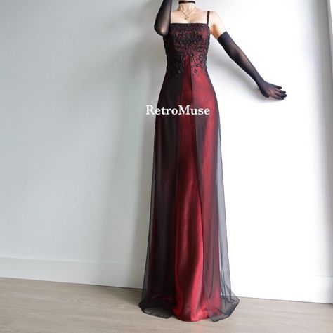 Vampiric Prom Dress, Goth Prom Dresses Long, Red And Black 90s Prom Dress, Rockstar Gf Prom Dress, Dark Red And Black Prom Dress, Red And Black Dress Aesthetic, Black And Red Dress Formal, Prom Dresses Alt, Goth Prom Outfit