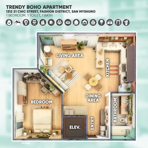 Sharina on Instagram: “Here's the floor plan of the trendy boho apartment I built recently (no CC) 🪴 This is also known as Penny Pizzazz's apartment and is…” Sims 4 Floorplan Layout Small, Small Sims 4 Houses Layout, The Sims 4 Apartment Ideas, Sims 4 Houses Layout 30x20, Basegame House Sims 4, Sims 4 Apartment Layout, Small Sims 4 Houses, Sims 4 Floorplan, Sims4 Houses