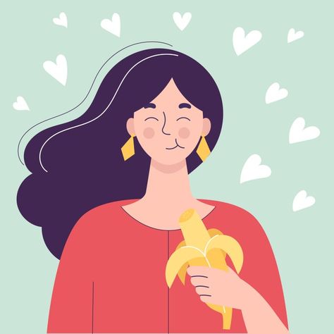 Feliz linda mujer comiendo plátano | Premium Vector #Freepik #vector #comida Eating Banana, Woman Eating, Eating Bananas, Eat Snacks, Mindful Eating, Simple Art, Site Web, Cute Woman, Premium Vector