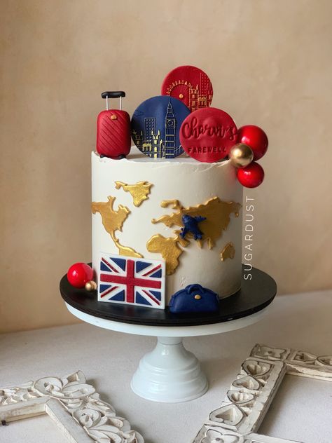 Travel cake - London cake - red cake Uk Cake Ideas, Uk Cake Design, London Themed Cake, Travel Themed Birthday Cake, London Cake Ideas, Bon Voyage Cake Ideas, Farewell Cake Designs, Farewell Cake Ideas, Travel Cake Ideas