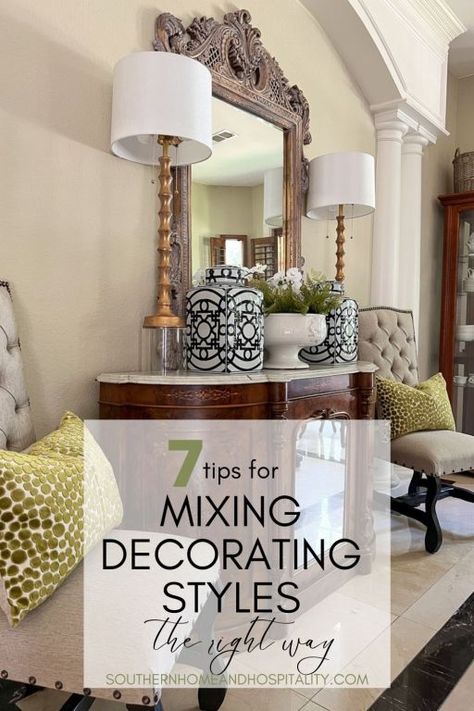 Mixing decorating styles can make a room more attractive, interesting, and inviting but knowing how to do it right can be confusing. Here are seven easy tips for how to mix different decor styles with confidence! Coastal Grandmother Entryway, Coastal Grandmother Living Room, Coastal Grandmother Aesthetic House, Timeless Decorating, Grandmother Style, Different Decorating Styles, Grandmother Aesthetic, Southern Decor, Coastal Grandmother