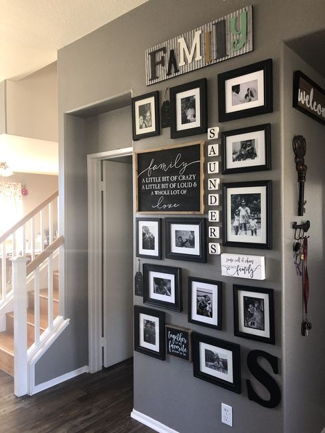 Living Room Photo Wall Ideas Farmhouse, Wall With Family Photos, Photo Wall Collage Small Space, Gallery Wall Inspiration Hallway, Living Room Wall Decor Mirror, Vertical Photo Wall, 8x8 Gallery Wall, Family Collage Wall Ideas Living Room, Pictures Frames Ideas For Wall