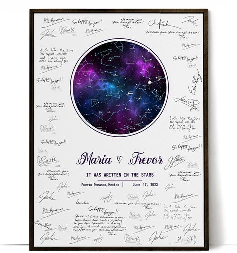 PRICES MAY VARY. UNIQUE ALTERNATIVE WEDDING GUEST BOOK IDEAS: If you want a guest book that wouldn't get hidden away in a shelf forever so this was such a perfect alternative. If you're looking for a one of a kind guestbook alternative, check out our star map wedding guestbook! It's the perfect way to remember your wedding night over and over again. We create a replica of the stars above the night of your wedding, and leave plenty of space for all of your guests to sign. ONE-OF-A-KIND PERSONALIZ Our Love Was Written In The Stars, Stars Align Wedding, Wedding Space Theme, Celestial Wedding Welcome Sign, Night Sky Themed Wedding, Supernatural Wedding Theme, Purple Celestial Wedding, Celestial Wedding Theme Color Schemes, Galaxy Wedding Decor