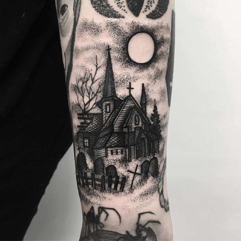 30 Blackwork Dark Tattoos by Merry Morgan | TattooAdore Graveyard Tattoo, Gotik Tattoo, Dark Tattoos, Inspiration Tattoos, Creepy Tattoos, Spooky Tattoos, Gothic Tattoo, Halloween Tattoo, Tiny Tattoo