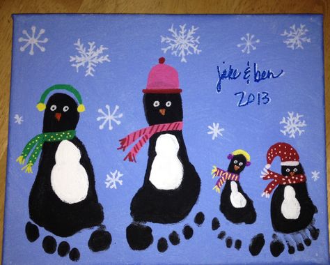 Penguin Footprint Art for Christmas.  Super easy craft for children using stretched canvas. I used acrylic paint for the blue background and penguin bodies, and paint markers for everything else.  An easy way to do painted footprint crafts with children is to set up in the bathroom (contain the mess / tile floor!) and fill the tub with warm water. As soon as your child is done making prints, stand the child in the tub and clean him/her up. Penguin Footprint Art, Penguin Footprint, Footprint Canvas, Footprint Penguin, Paint Activities, Winter Art Project, Kids Painting Projects, Learning Garden, Craft For Children