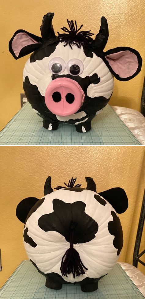 School project Decorating Pumkins Ideas, Cow Pumkin Painting, Cow Pumpkins Painting, Cow Painting Pumpkins, Cute No Carve Pumpkin Ideas, Pumpkins Painted Like Animals, Pumpkin Ideas Without Carving, Painted Cow Pumpkin Ideas, Cow Painted Pumpkin Ideas