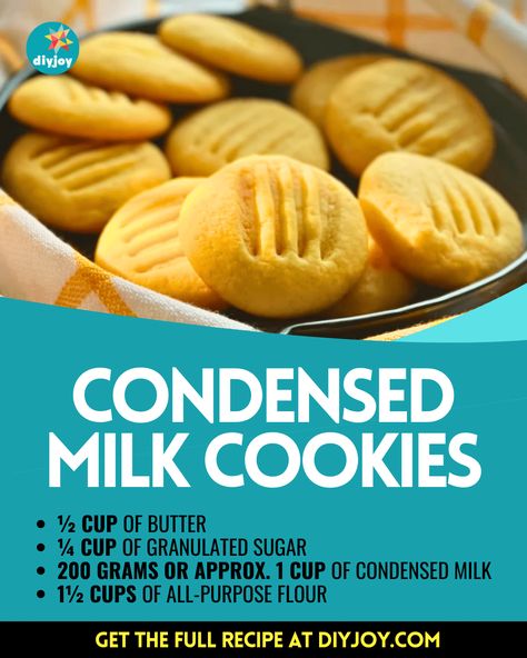 4-Ingredient Condensed Milk Cookies Recipe via @diyjoycrafts Milk Cookies Recipe, Cookie Recipes Condensed Milk, Condensed Milk Biscuits, Condensed Milk Recipes Easy, 100 Cookies Recipe, Mexican Wedding Cookies Recipes, Easy Biscuits, Easy Tart Recipes, Sweetened Condensed Milk Recipes