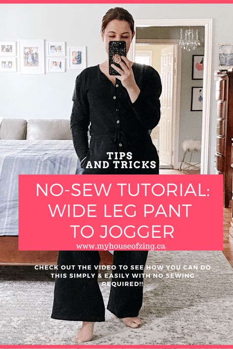 No-Sew Tutorial: Wide leg pants to joggers - My House of Zing How To Roll Wide Leg Pants, How To Roll Up Wide Leg Pants, How To Taper Wide Leg Pants, Diy Jogger Pants, Spring Athleisure, How To Make Something, Jumpsuit Style, I Don't Always, Polyester Pants