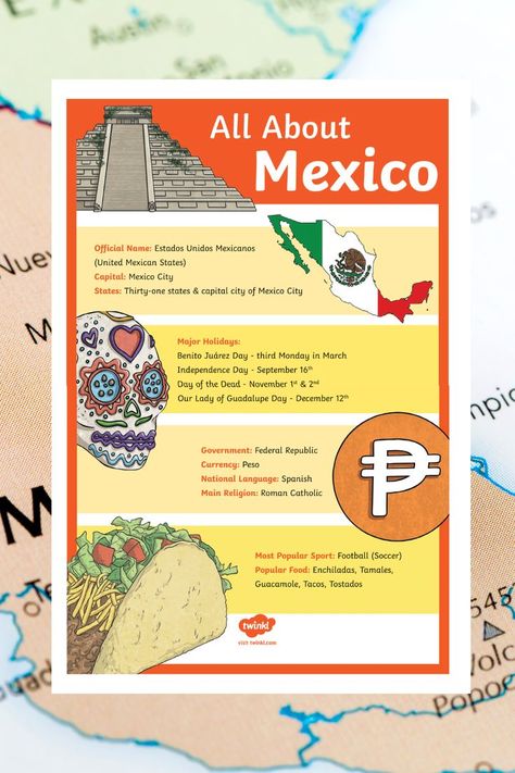 Celebrate Mexican Independence Day on September 15th or simply learn more about this neighboring country with the help of our All About Mexico Large Classroom Poster. It’s the perfect way to decorate your classroom while providing children with useful information on the topic.

This poster is easy to download, print off, and add to your bulletin board. Click the download button above to receive our 2-page PDF. These can be cut out and attached together to make the full-sized poster. Sept 15 Mexico, Mexico School Project, Mexico Poster Board Project, Mexico Geography, Esl Exercises, Fun Facts About Mexico, Mexico For Kids, Mexico Project, Multicultural Night