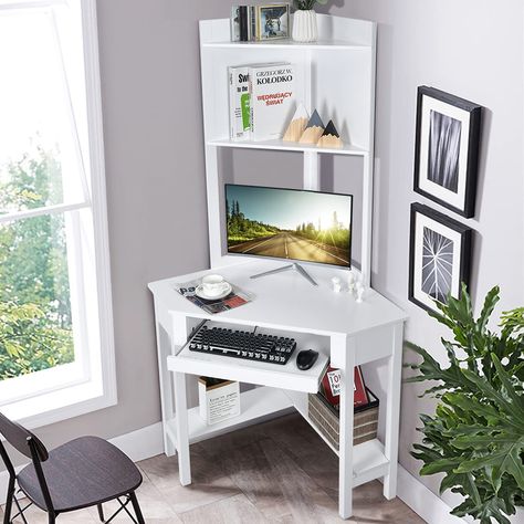 PRICES MAY VARY. 【90 Degrees Triangle Corner Design】Different from the rectangular computer desk, our desk fits nicely in a corner and maximizes the space utilization in your room. The compact size makes full use of home office workspace while providing enough space for writing, working, making up and other activities. 【Desktop Storage Hutch & Shelf】The corner desk features an open hutch for storing daily supplies and displaying decorative items. The protective fence on the edge of the hutch pre White Corner Desk, Bookshelves For Small Spaces, Corner Desk With Hutch, Corner Writing Desk, Desk With Keyboard Tray, Desk With Hutch, Computer Desk With Hutch, Desks For Small Spaces, Bedroom Corner