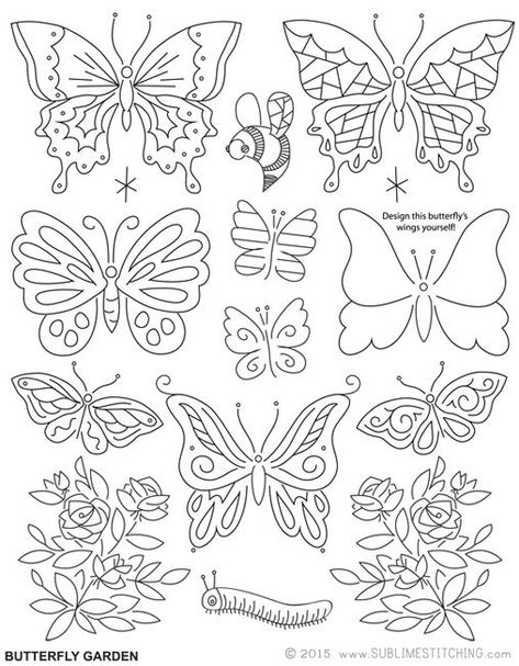 Butterfly embroidery patterns! Fluttery, lovely and light in their flight. This sheet includes a blank butterfly you can design yourself. Neato! Choose iron-on transfers with downloadable PDF + COLOR guides, or get the PDF format alone. (You will need supplies for tracing and transferring when using a PDF printout.) Each set of iron-ons appears on an 8 1/2" x 11" sheet and includes complete instructions for how to transfer the designs onto fabric. I've also included a quick embroidery how-to! Al Sublime Stitching, Vintage Embroidery Transfers, Garden Embroidery, Embroidery Lessons, Embroidery Template, Embroidery Transfers, Hand Embroidery Projects, Embroidery Patterns Vintage, Paper Embroidery