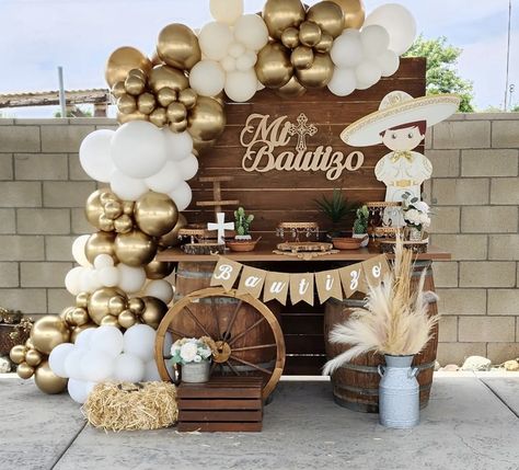 Backdrop and balloons Bautizo And 1st Birthday, Cowboy Bautizo Ideas, Charro 3rd Birthday Party, Western Bautizo Ideas, Charro First Birthday Boy, Charro Bautizo Centerpieces, Cowboy Baptism Ideas, Western Baptism Ideas, Western Bautizo