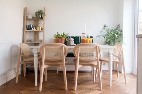 Dining section of the kitchen with an extendable ikea ingatorp table, john lewis beckett dining chairs and an ikea hack/ diy channel tufted bench Ingatorp Table Hack, Ingatorp Table Ikea, Ikea Dinning Room Ideas, Ikea Ingatorp Table, Ikea Dinning Table, Ikea Dinning Room, Ikea Ingatorp, Modern Dining Decor, Ikea Dining Room