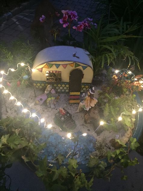 Added lights to my Fairies Camp site Camping Fairy Garden Ideas, Fairy Camping, Kids Fairy Garden, Beach Fairy Garden, Fairy Theme, Fairy Garden Ideas, Camp Site, Fairy Garden Designs, Diy Crafts For Adults