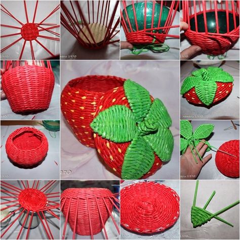 Woven paper craft is a nice way to recycle old newspaper and magazines. Sometimes it can be turned into some useful and beautiful household stuffs, such as storage boxes or baskets. Here is a fancy DIY project to weave beautiful storage basket in strawberry shape with tubes made from old … Newspaper Crafts Diy, Diy Newspaper, Recycle Newspaper, Newspaper Basket, Magazine Crafts, Easter Eggs Diy, Paper Weaving, Easter Basket Diy, Newspaper Crafts