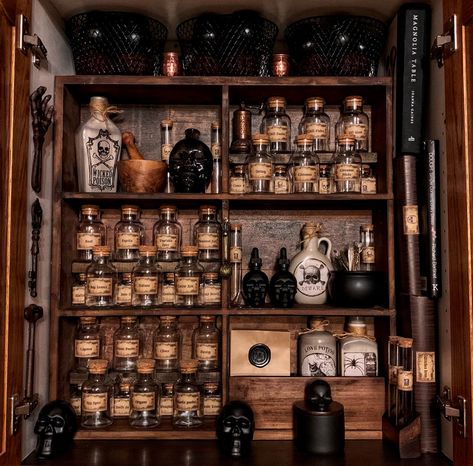 Vintage wood spooky Halloween decor rustic DIY Gothic Spice Rack, Gothic Apothecary Kitchen, Witchy Spice Rack, Apothecary Spice Rack, Witch Store Aesthetic, Living Room Witchy, Herbalism Aesthetic, Witchy Mansion, Witch Room Aesthetic