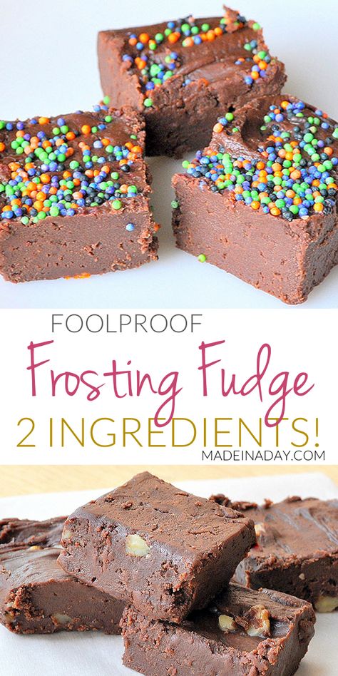 Fudge 2 Ingredient, Frosting Fudge, Simple Frosting, 2 Ingredient Fudge, 2 Ingredient Desserts, Holiday Fudge, Easy Fudge, Homemade Fudge Recipes, Fudge Flavors