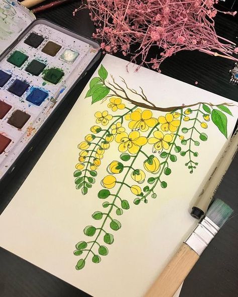 Priti Vats on Instagram: "Drop a 💛 if you love Amaltas blooms!  I have made this one for a friend. The tree reminds her of home.🏡  I can’t wait for the Amaltas trees to bloom in Delhi. The tree usually blooms with the golden showers in May & June. Swipe to read a beautiful Poem by Deepa Agarwal @dipuli to define its beauty! 💛  #yellowflowers #goldenshowers #trees #painting #dailyartchallenge #artforsale #ﬂowerillustration #amaltasblooms #goldenshowertree #poems #deepaagarwalauthor #treelover   Watercolor painting Amaltas tree art" Amaltas Tree, Trees Painting, Writing Paper Printable Stationery, Writing Paper Printable, Tree Lover, Indian Prints, Paper Printable, Poems Beautiful, Printable Stationery