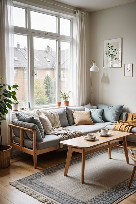 This living room embodies cozy hygge vibes, featuring soft neutral tones, plush textiles, and natural light that filters through sheer curtains. The design prioritizes warmth and comfort while remaining uncluttered. Nordic Minimalist Living Room, Nordic Living Room Scandinavian Interiors, Cozy Hygge Living Room, Hygge Vibes, Hygge Living Room, Hygge Interior, Scandinavian Hygge, Pretty Homes, Boho Lounge