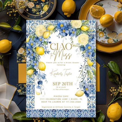 Ciao To Miss Italy Lemon Blue Tiles Bridal Shower Invitation Blue Tile Lemon Theme Party, Amalfi Coast Bridal Shower Theme, Miss Lemon, Italian Bridal Showers, Lemon Theme, Bridal Shower Inspo, Blue Bridal Shower, Kris Kringle, Blue Bridal