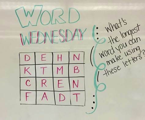 Wednesday (19) longest word you can make Wednesday Whiteboard, Morning Questions, Word Wednesday, Whiteboard Questions, Whiteboard Prompts, Whiteboard Messages, Daily Questions, Responsive Classroom, Morning Activities