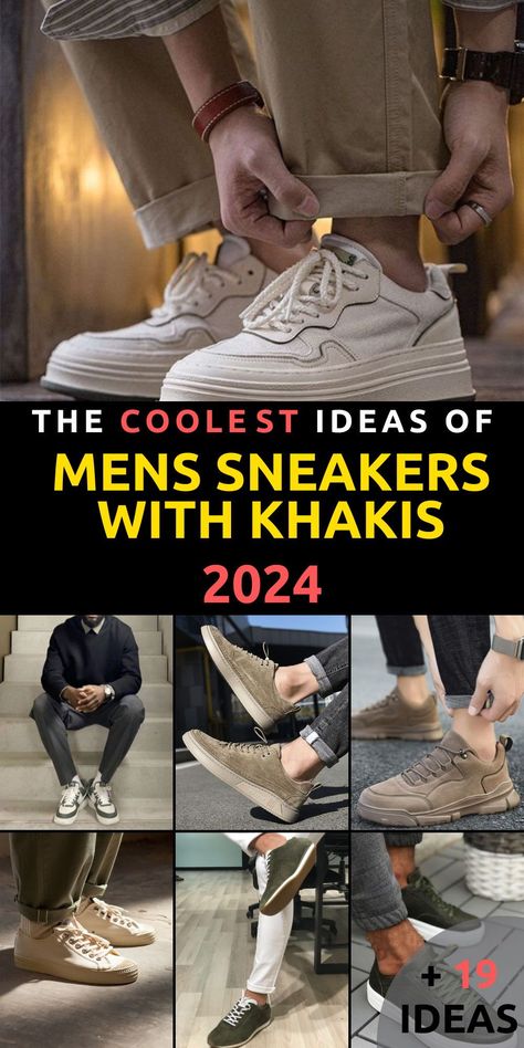 Elevate your streetwear game with our collection of 19 men's sneakers with khakis ideas for 2024. Discover versatile ensembles curated to keep you on-trend throughout the year. From classic sneakers to bold statement pieces, our guide offers inspiration for every taste. Step into sophistication effortlessly and make a lasting impression with our meticulously crafted combinations. Olive Green Sneakers, Khakis Outfit, Guys Fits, Straight Leg Khakis, Beige Sneakers, Rolled Up Jeans, Trendy Mens Fashion, Green Sneakers, Trendy Sneakers