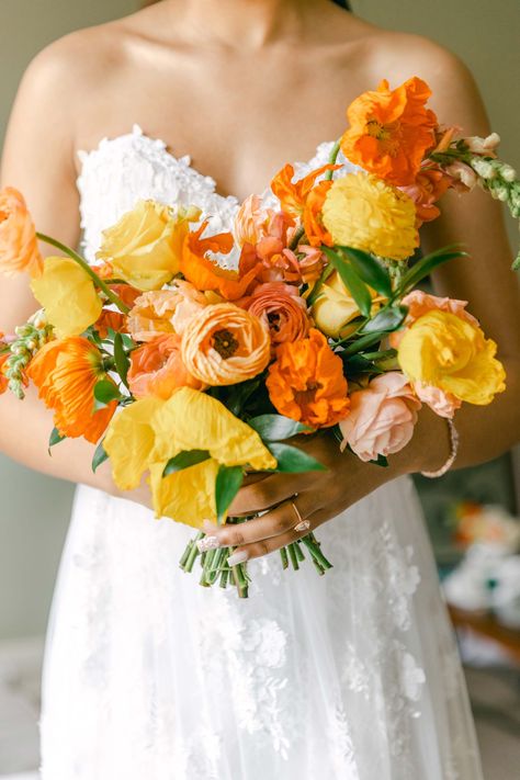 Gorgeous, bold and vibrant wedding flowers are create a stunning showcase. Let your wedding flowers be the colorful accent on your wedding day. Yellow Orange Wedding Bouquet, Yellow And Orange Bouquet, Yellow And Orange Wedding, Vibrant Wedding Flowers, Yellow Floral Wedding, Flower References, Orange Bouquets, Tulip Wedding, Orange Wedding Flowers