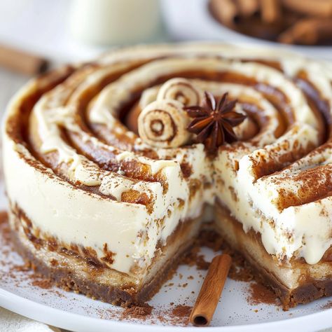 Creamy Dessert Recipes, Roll Cheesecake, Cinnamon Cheesecake, Cinnamon Roll Cheesecake, Cheesecake Factory Recipes, Cinnamon Roll Dough, Dairy Free Cake, Cinnamon Roll Cake, Creamy Desserts