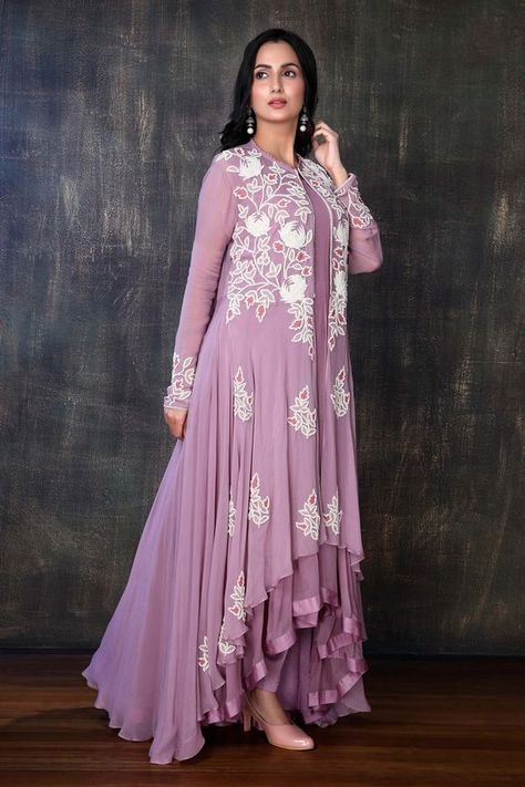 Buy Purple Georgette Embroidery Zardozi Open Jacket And Pant Set For Women by Preeti Jhawar Online at Aza Fashions. Ladies Dress Design Indian, Jacket Style Kurti Long With Pant, Jacket Style Kurti Long, Dubata Style, Dress Patterns Indian Kurti, Jacket Style Kurti, Bridle Dress, Fancy Dresses Long, Georgette Dress