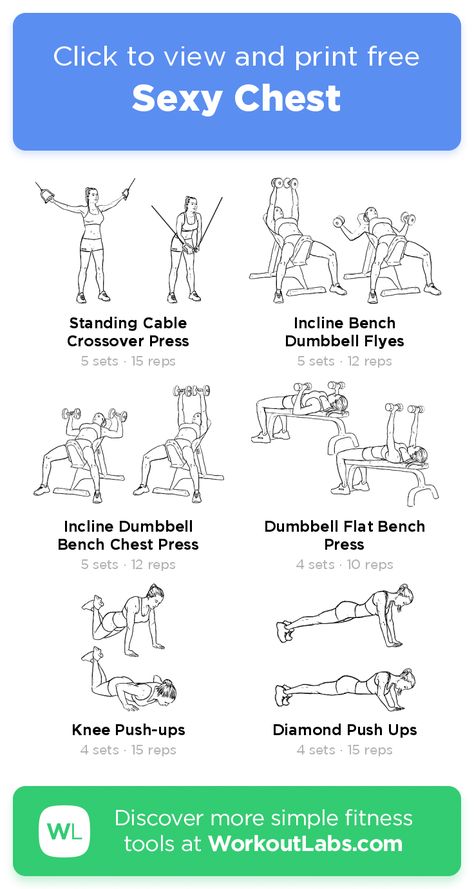 Sexy Chest – click to view and print this illustrated exercise plan created with #WorkoutLabsFit Gym Workout For Chest, Chest And Leg Workout, Beginner Chest Workout For Women, Chest Workout Dumbell Women, Chest Dumbbell Workout Women, Chest Workout Women Dumbbells, Chest Press Workout For Women, Womens Chest Workout, Chest Workout Women Gym