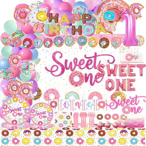 PRICES MAY VARY. Donut 1st Birthday, would be a perfect addition to your 1st birthday celebration Donut Birthday Party Supplies: Package Included 1 x Donut Birthday Banner, 1 x 13pcs photos wall flag，1 x High chair table，20 x 7 inch Paris plates, 20 x 9 inch Paris plates, 20 x Paris napkins, 91 x balloons，20 x knives, 20 x forks, 20 x spoons，1 x Birthday hat，1 x Pink 32-inch number1, 5 x doughnut aluminum film balloons, 1x doughnut balloon, 1 x rose gold 16-inch letter SWEETONE set, 1 x birthday One Donut Birthday, Sweet One Birthday Party, Donut Birthday Party Decorations, Donut Party Supplies, Sweet One Birthday, Donut Birthday Party, Donut Themed Birthday Party, Candy Balloons, Birthday Donuts