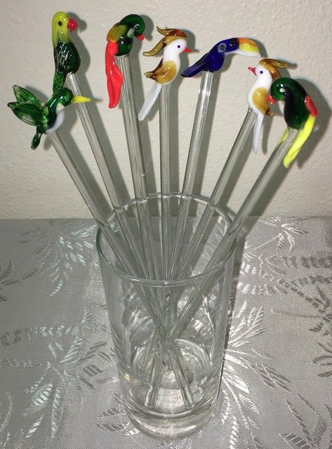 7 VIntage Murano Style GLASS COCKTAIL SWIZZLE STICKS Tropical Birds | #1929815754 Cocktail Stir Sticks, Custom Swizzle Sticks, Fused Glass Cocktail Stirrers, Bird Glass Cocktail, Glass Swizzle Sticks, Cheese Spreaders, Swizzle Sticks, Bar Items, Vintage Cocktail