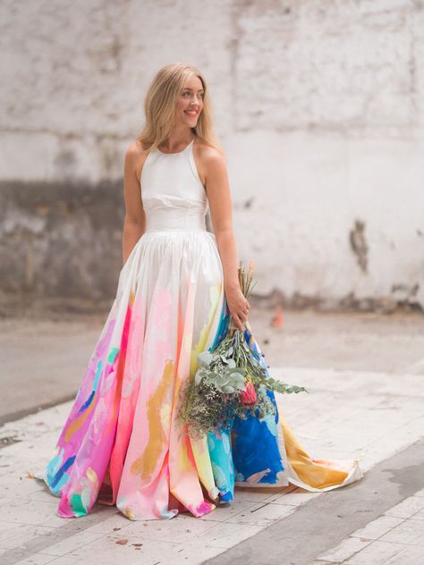 Our Favorite Wedding Dresses with a Pop of Color! - Green Wedding Shoes Hand Painted Wedding Dress, Painted Wedding Dress, Rainbow Wedding Dress, Sukienki Maksi, Shoes Minimalist, Halter Wedding, Easter Dresses For Toddlers, Green Wedding Dresses, Popular Wedding Dresses