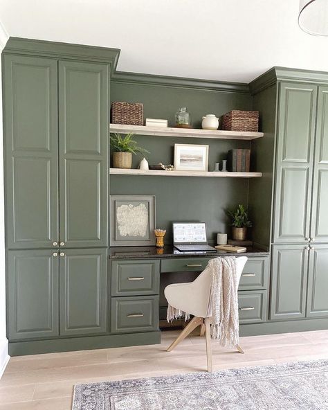 Moody Home Office, Green Home Offices, Built In Wall Units, Moody Home, Transitional Home Office, Small Office Design Interior, Home Office Decor Ideas, Office Built Ins, Small Office Design