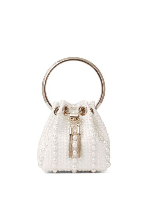 Jimmy Choo Bon Bon pearl-embellished Mini Bag - Farfetch Jimmy Choo Bon Bon Bag, Jimmy Choo Bag, White Prom Dress, Pearl Bag, Satin Bags, Fancy Bags, Handbag Heaven, Bon Bon, Silver Engraving