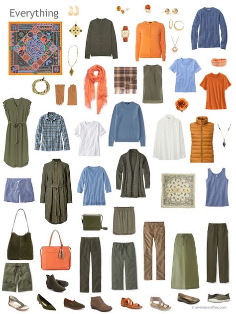 a capsule wardrobe in olive green, with accents of blue, orange and white Orange Wardrobe, Capsule Fashion, Capsule Wardrobe How To Build A, August Outfits, Dresses Everyday, Build A Capsule Wardrobe, Wardrobe Building, Corporate Ladder, Project 333