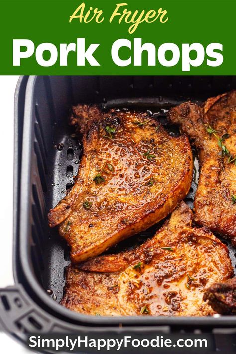 Air Fryer Pork Chops are a quick and easy way to cook up pork chops juicy and tender. This pork chop recipe has a tasty spice rub to five them lots of flavor while they are cooking. Air frying pork chops are a weeknight easy dinner recipe. simplyhappyfoodie.com Frying Pork Chops, Pork Chops Juicy, Air Fry Pork Chops, Fried Pork Chop Recipes, Air Fryer Pork, Pork Chop Recipe, Tender Pork Chops, Air Fryer Pork Chops, Easy Pork Chops