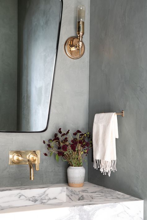 Client Greater than Great by Amber Interiors on 1stdibs Brass Towel Bar, Shoppe Amber Interiors, Powder Room Design, Bathroom Towel Bar, Amber Interiors, New Bathroom, Elegant Bathroom, Bathroom Wallpaper, Marble Bathroom