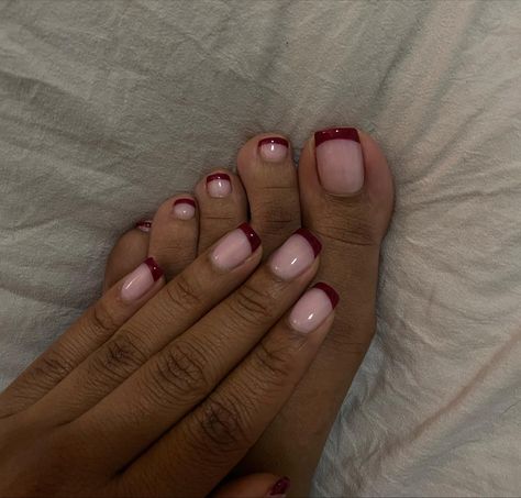 red french tip nails black girls 
red nails on black girls 
red polish on black girls 
short nail designs 
french manicure 
french pedicure Maroon French Tip Nails Acrylic Square, Nails For Tiny Hands, Red French Tip Nails Pedicure, Wine Red Toe Nails, Burgundy French Tip Toes, Cute Manicure Ideas For Natural Nails, Short Professional Nails For Work, French Tip Real Nails, Maroon Tip Nails