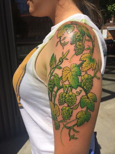 Leaves and hops tattooed by Shiloah at Damask Tattoo in Seattle, WA  leaves tattoo, hops tattoo, vine tattoo, vines tattoo, botanical tattoo, beer tattoo, brewing tattoo Flower Traditional Tattoo, Damask Tattoo, Magazine Tattoo, Vines Tattoo, Hop Tattoo, Beer Tattoos, Hop Flower, Bedford Truck, Clever Tattoos