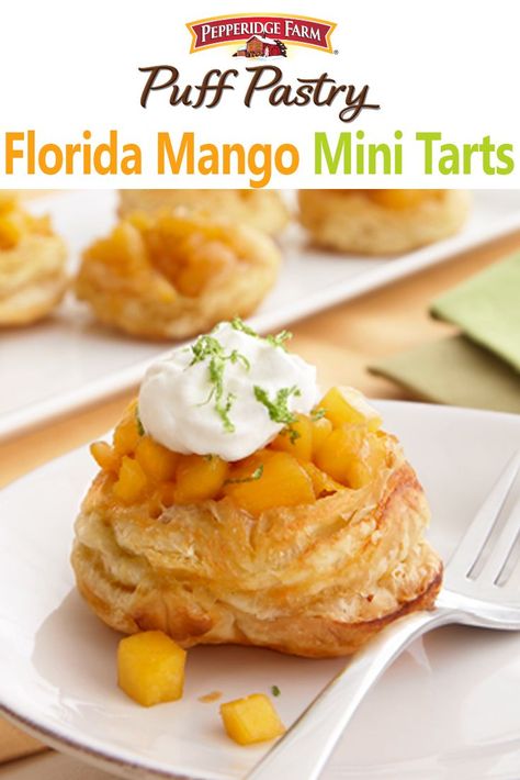 Puff Pastry Florida Mango Mini Tarts Recipe. Enjoy a mini tropical vacation right in your own kitchen, when you serve these Puff Pastry tarts filled with lime-accented mango. Top with a dollop of sweet whipped cream for a luscious summer treat. Mango Puff Pastry, Mini Tarts Recipe, Puff Pastry Tarts, Mini Tart Recipes, Citrus Garnish, Pastry Stand, Sweet Whipped Cream, Mini Tarts, Tarts Recipe