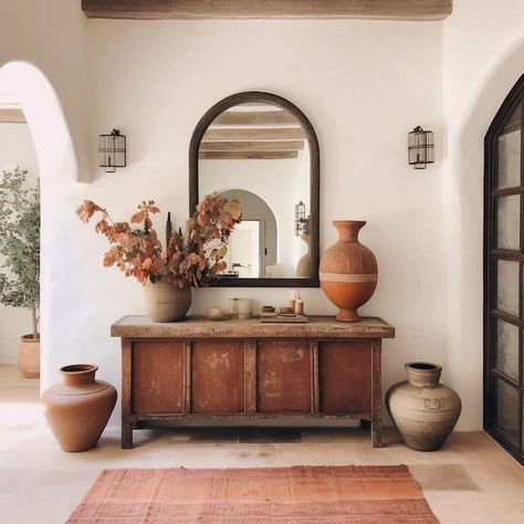 Spanish Style Accent Wall, Marfa Interior Design, Spanish Inspired Home Decor, Spanish Rustic Home Decor, Spanish Farmhouse Decor, Southwest Decorating Ideas, Modern Hacienda Style Homes Interiors, Spanish Entryway, Mexican Modernism Interior