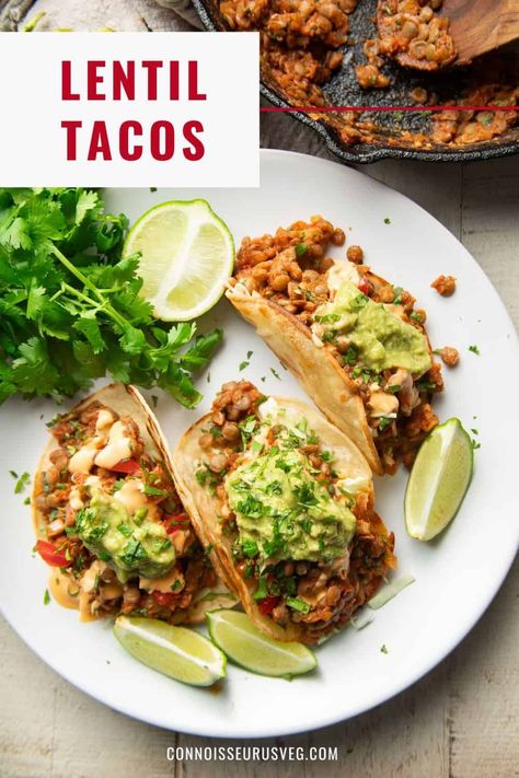 These lentil tacos are a perfect vegan midweek meal! Stuffed with spicy lentil taco "meat" and piled high with your favorite taco toppings, they're as delicious as they are easy to make. Lentil Taco Meat, Lentil Tacos Recipes, Veg Tacos, Vegan Taco Meat, Vegan Tacos Meat, Healthy Vegan Dinner Recipes, Taco Toppings, Lentil Tacos, Canned Lentils