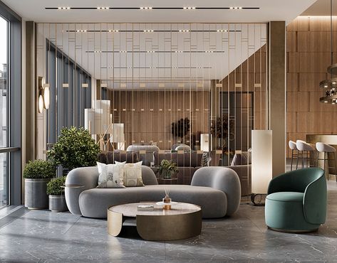 Apartments in Saudi Arabia (part 1) on Behance Hotel Lobby Interior Design, Hotel Lobby Reception, Hotel Lobby Lounge, Modern Hotel Lobby, Modern Lobby, Luxury Hotels Lobby, Lobby Ideas, Lobby Furniture, Lobby Seating