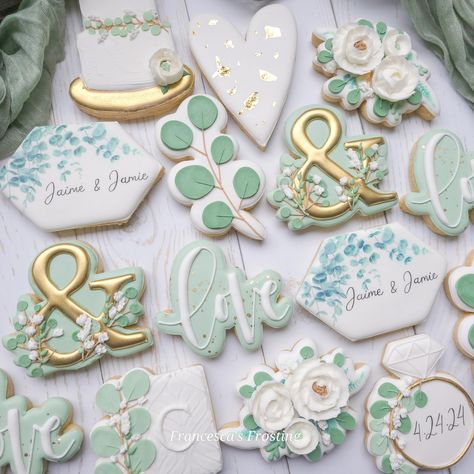 Eucalyptus White Green Gold Wedding Bridal Custom Decorated Sugar Cookies Eucalyptus Cookies, White Green Gold Wedding, Green Gold Weddings, Royal Icing Sugar, Cake Decorating Icing, Decorated Sugar Cookies, Sugar Cookie Designs, Eucalyptus Wedding, Wedding Cookies