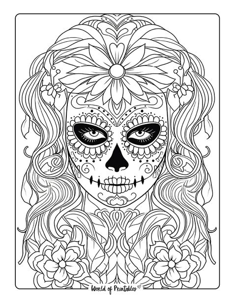 Skull Coloring Pages For Adults, Sugar Skull Art Painting, Sugar Skull Coloring Pages, Mandala Skull, Sugar Skull Drawing, Skull Template, Coloring Pages Halloween, Skull Coloring, Bat Coloring Pages