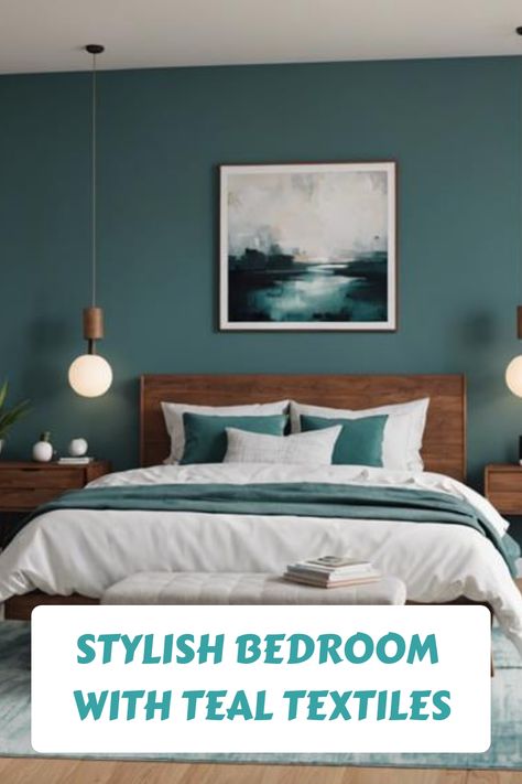 Stylish bedroom with teal textiles, featuring a wooden bed and nightstands, pendant lights, and abstract wall art. Tan And Teal Bedroom, Teal And Beige Bedroom, Turquoise Bedroom Ideas For Adults, Dark Teal Bedroom Ideas, Dark Teal Bedroom, Teal Bedroom Ideas, Ensuite Bathroom Designs, Teal Accent Walls, Modern Bedroom Colors