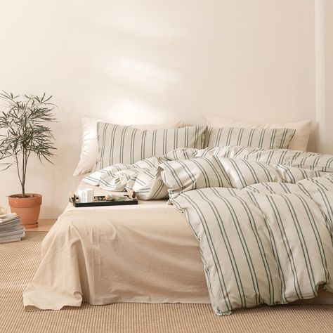 PRICES MAY VARY. 100% Washed Cotton 【Material】Duvet cover made from washed cotton with high density weave,natural,breathable,fast sweat absorption,fade-resistant,definitely working for all gentle skins. 【Natural Design】Blackish greenvertical stripes pattern print on beige khaki duvet cover,colors available tend to be neutral and can easily bring a relaxed, lived-in look to any room's decoration especially the vintage style. 【Size & Package】3 Pieces duvet covet set; 𝐐𝐮𝐞𝐞𝐧: 1 Duvet Cover (90" Black And White Striped Comforter, Stripped Bedding Styled, Cute White Bedding, Striped Comforter Bedroom, Mismatch Bedding, Bedding Stripes, Bedding Sets Aesthetic, Gray Striped Bedding, Boys Duvet Cover