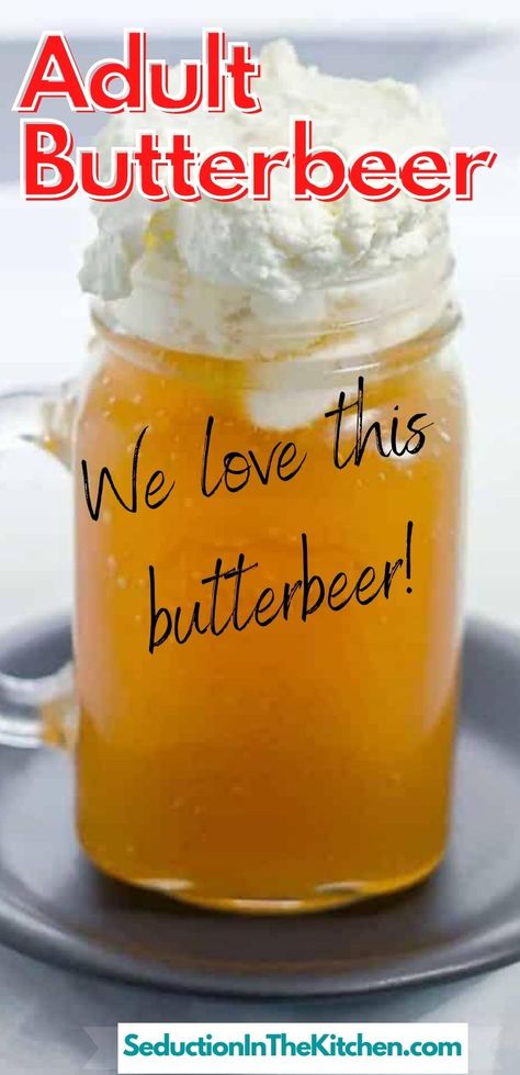 Are you looking for a butterbeer recipe? This adult ButterBeer is a butterbeer recipe that has alcohol. This cocktail is a butterscotch schnapps drink version of the Harry Potter-inspired drink. This Harry Potter drink is sweet and yummy, perfect for an adult Halloween Party or Harry Potter themed food. | SeductionInTheKitchen.com #butterbeer #harrypotter #halloweencocktail Butterbeer Alcoholic, Adult Butterbeer, Harry Potter Alcoholic Drinks, Harry Potter Drinks Alcohol, Party Ideas For Adults Alcohol, Butterbeer Recipe Alcoholic, Butterbeer Harry Potter, Flaming Cocktails, Harry Potter Themed Food